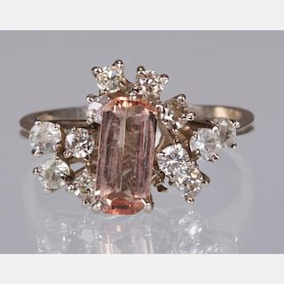 A 10kt. White Gold, Morganite and Diamond Melee Ring,