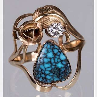 A 14kt. Yellow Gold, Diamond and Turquoise Ring,