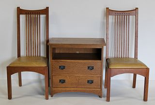 Stickley Signed Oak Arts & Crafts Chairs & Cabinet