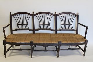 Antique French Stained Oak Cane Seat Settee.