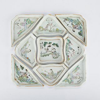 Chinese Porcelain Sweet Meat Set w/ Painted Glass Case