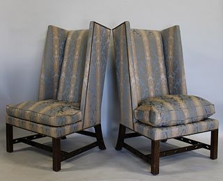 Baker Signed Pair Of Upholstered Wing Back Chairs