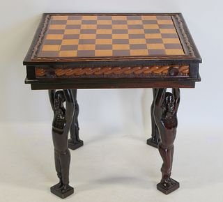 Vintage Figural Wood Chess Table and Set