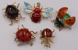 JEWELRY. (5) 18kt and 14kt Enamel Bug Brooches.