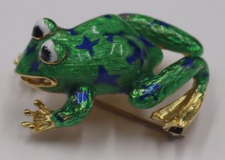 JEWELRY. Martine 18kt Gold and Enamel Frog Brooch.