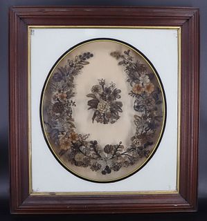 Large Framed Victorian Mourning Hair Wreath.