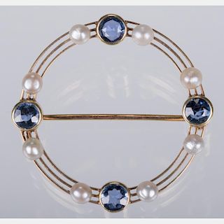 A 14kt. Yellow Gold, Sapphire and Pearl Brooch,