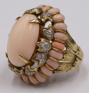 JEWELRY. 14kt Gold, Coral, and Diamond Ring.