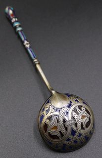SILVER. Antique Russian Silver Plique-A-Jour Spoon
