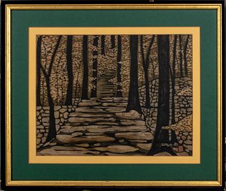 Masao Ido Stairs in a Forest Woodblock Print