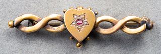 Victorian 10K Gold Red Spinel & Seed Pearl Brooch