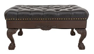 Queen Anne Style Black Tufted Leather Ottoman
