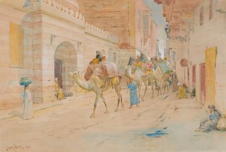 Henry Bacon Watercolor Camels Street Scene