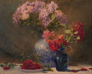 Jeff Otis Indian Hawthorne and Roses Oil Painting