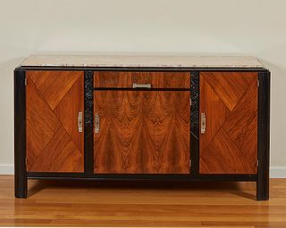 An Art Deco parquetry and carved wood credenza