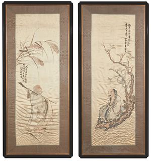 A pair of Chinese silk embroidery textile panels