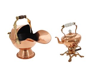 An English copper tea kettle and coal scuttle