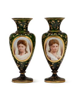A pair of green Bohemian glass portrait vases