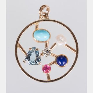 A 14kt. Yellow Gold, Diamond, Aquamarine, Ruby, Lapis, Pearl and Turquoise Pendant,