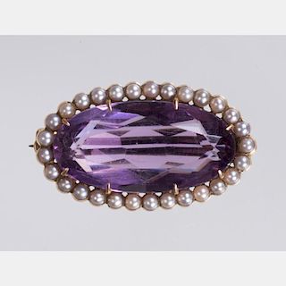 A 14kt. Yellow Gold, Amethyst and Seed Pearl Brooch,