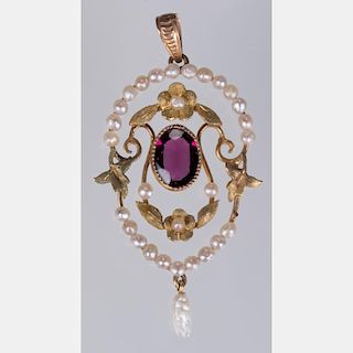 A 10kt. Yellow Gold, Garnet and Pearl Pendant,