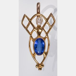 A 14kt. Yellow Gold, Sapphire and Seed Pearl Pendant,