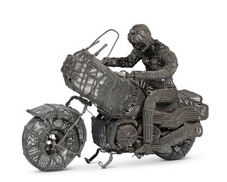 A contemporary wire motorcycle sculpture