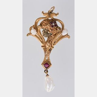 An Art Nouveau Style 14kt. Yellow Gold, Garnet and Cultured Pearl Pendant.