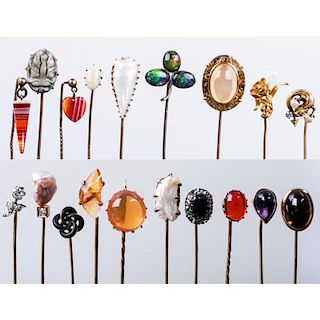 A Collection of Nineteen Yellow Gold, Semiprecious Colored Stone, Pearl, Diamond and Opal Stick Pins,