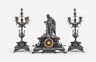 A late 19th century French gilt and patinated bronze clock garniture for Tiffany & Co.