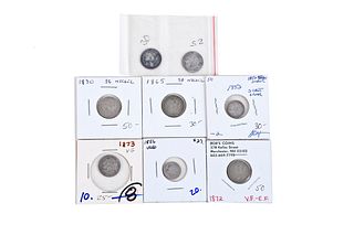 Eight Silver U.S. Three Cent Nickels