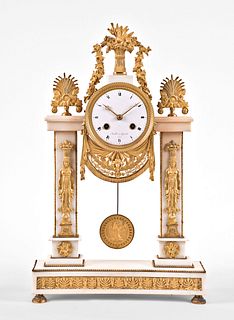A good late 18th century French ormolu mounted white marble portico clock signed Baullier & Guyerdet
