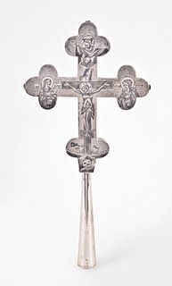 A mid 19th century Russian silver and niello reliquary cross