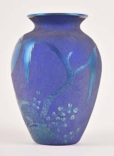 A 20th century cobalt blue Herons art glass vase signed Sturgeon