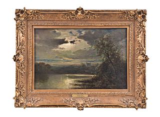 A 19th century oil on canvas Moonlit Lake by J. A. Hekking