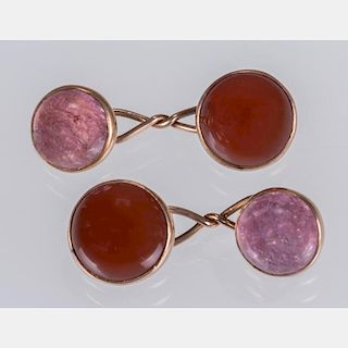 A Pair of 10kt. Yellow Gold, Rose Quartz and Red Jade Cufflinks.