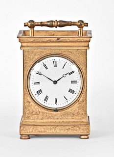 An interesting mid 19th century English carriage clock with engraved case