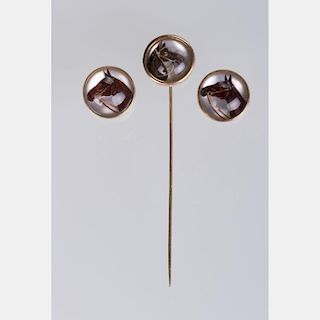 A Group of Three 14kt. Yellow Gold, Reverse Carved Crystal Intaglio Horse Buttons and Stick Pin.