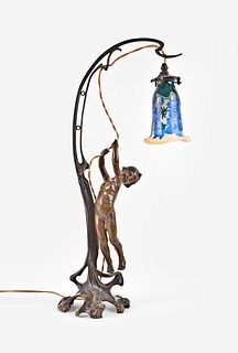 A good early 20th century bronze lamp by Antoine Bofill with Galle cameo glass shade