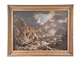 A large 19th century oil on canvas of a shipwreck on a rocky coast