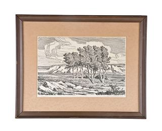 A lithograph on paper Stony Pasture with Cottonwood Grove by Birger Sandzen