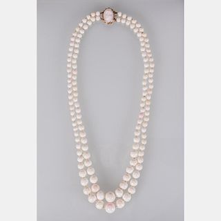 A Double Strand 14kt. Yellow Gold, White and Pink Beaded Coral Necklace,