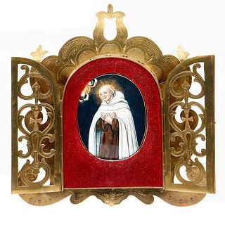 Enamel Plaque of Saint in Brass Altar Frame
