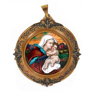 Maddona and Child Enamel on Copper Plaque