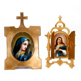 2 Brass-Framed Porcelain Mary Plaques