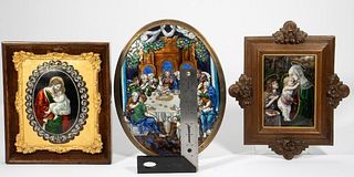 3 Framed Enameled Metal Religious Plaques