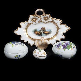 3 Limoges and Wedgwood Egg Boxes, with a Gilt Dish