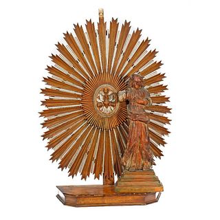 Carved Wood Saint Figure, and Rayed Altar Stand