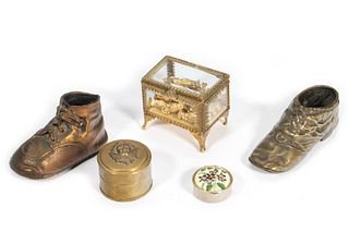 Brass and "Bronzed" Baby Shoes, with Glass Trinket Box and Misc.