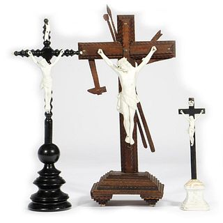 Carved Wood and Porcelain Standing Souvenir Crucifix, with 2 others